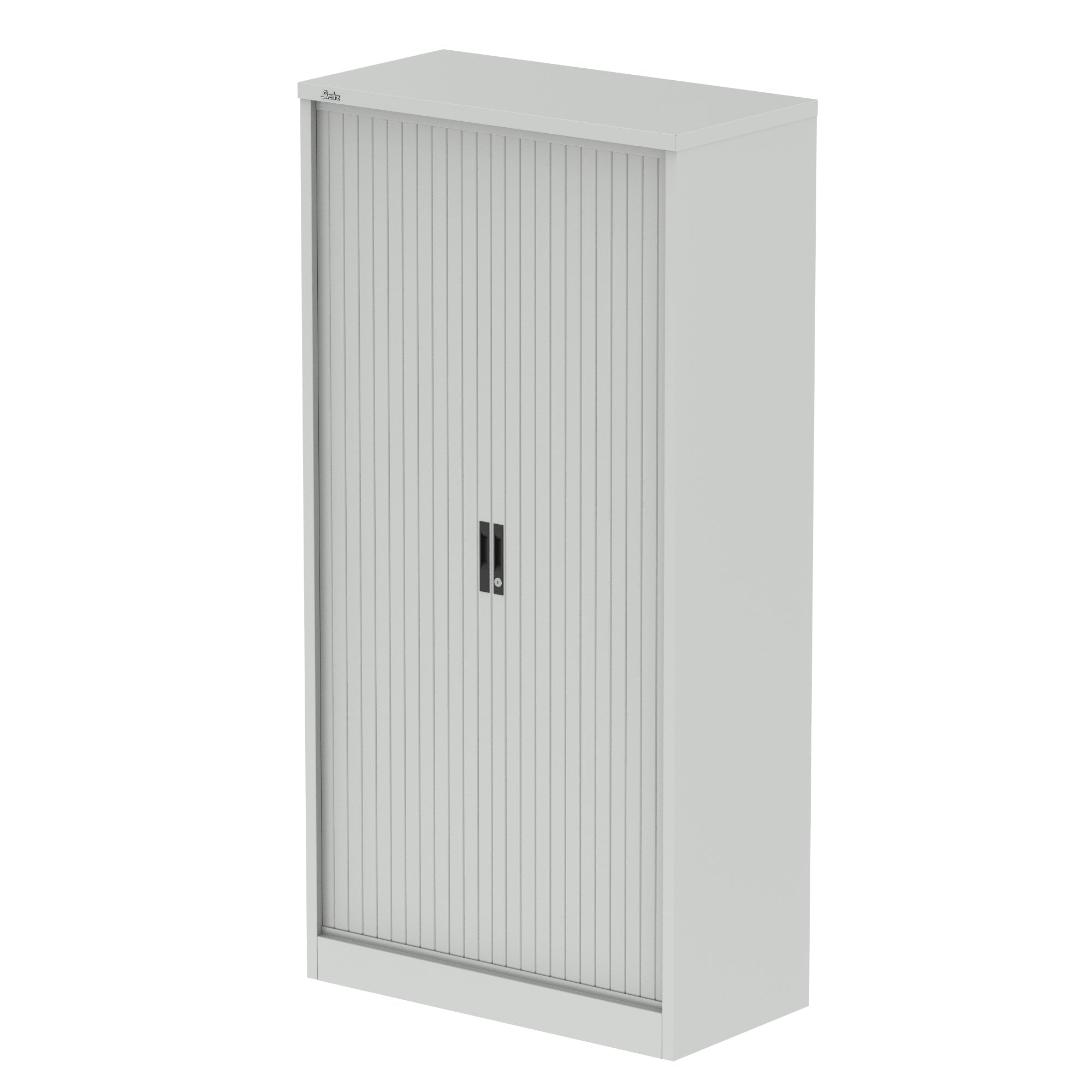 Grey metal cabinet with a tambour door on a white background