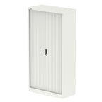 White metal cabinet with a tambour door on a white background