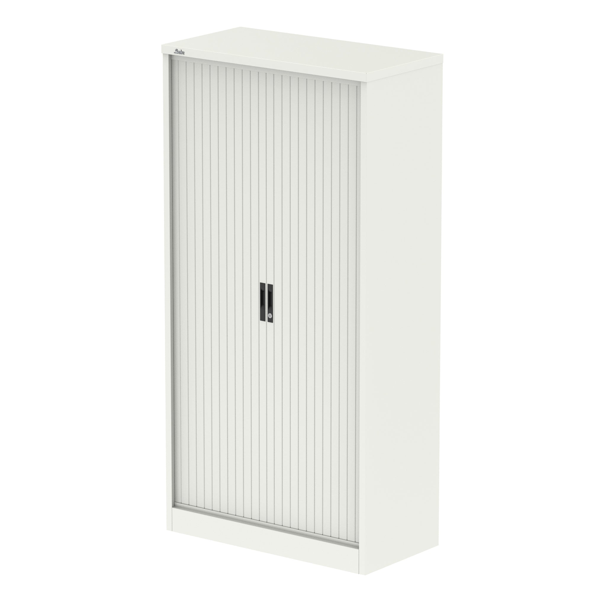White metal cabinet with a tambour door on a white background