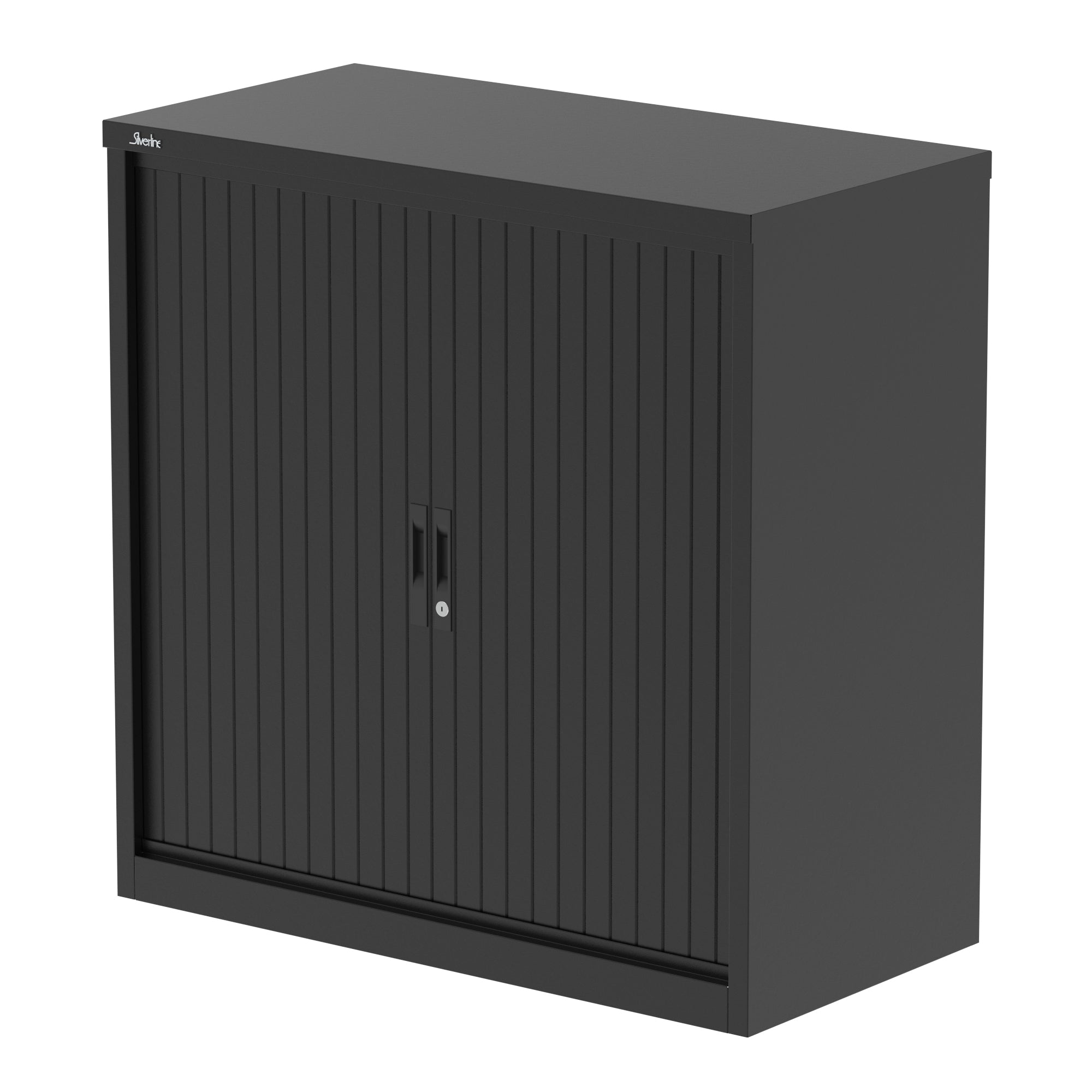 Black metal cabinet with a tambour door on a white background