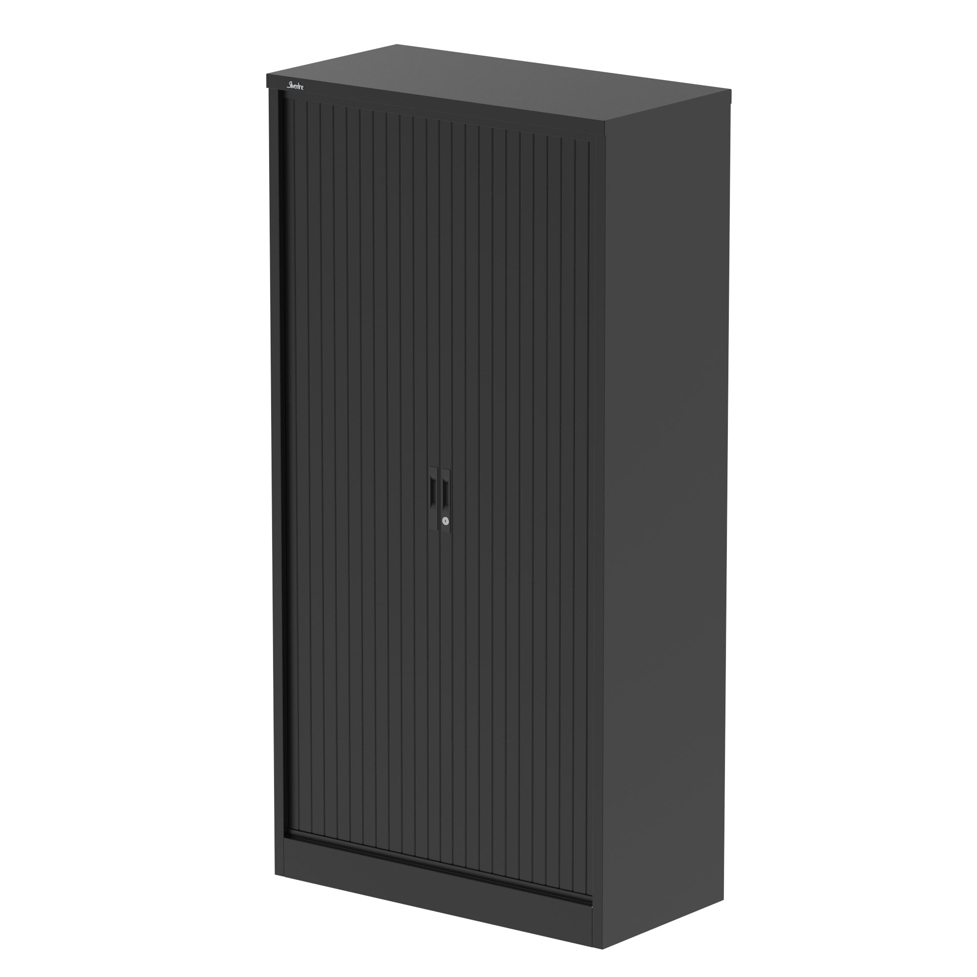 Black metal cabinet with a tambour door on a white background