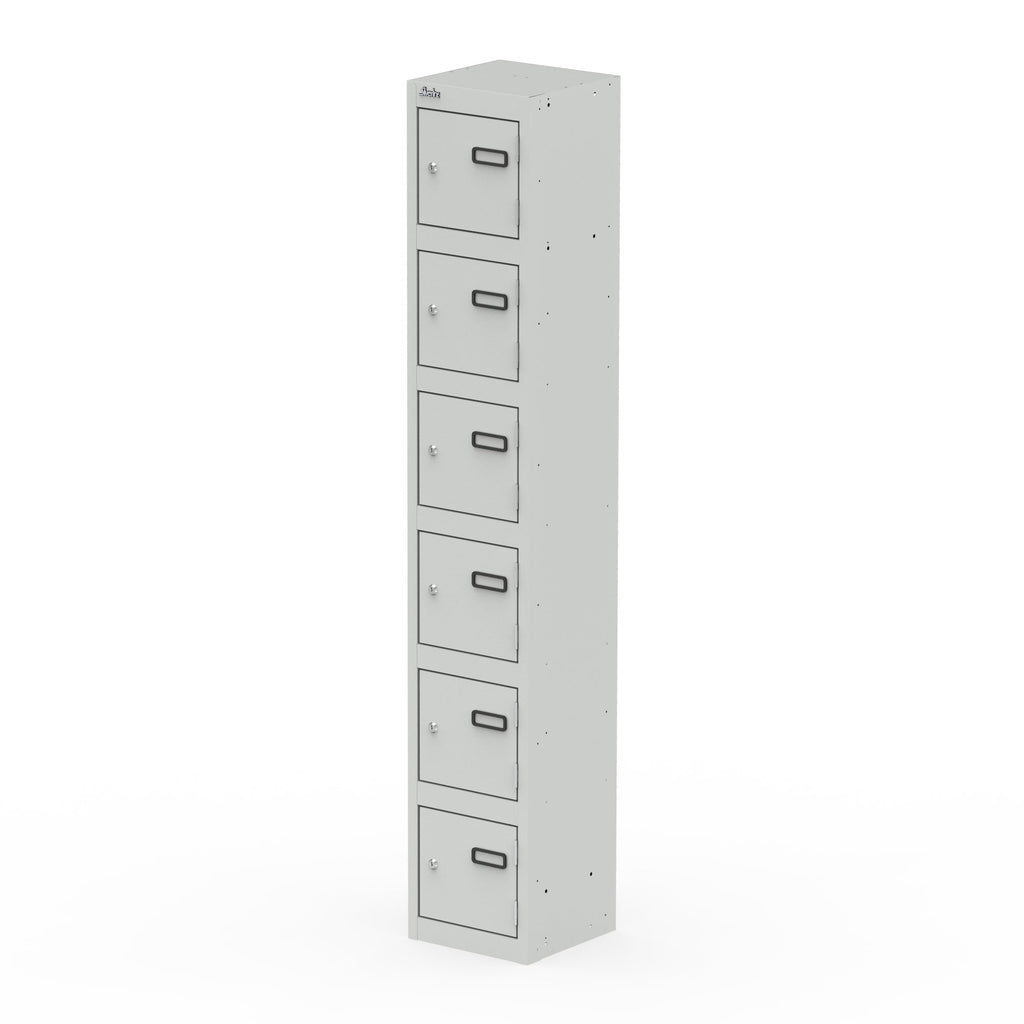 Grey metal locker with six doors on a white background