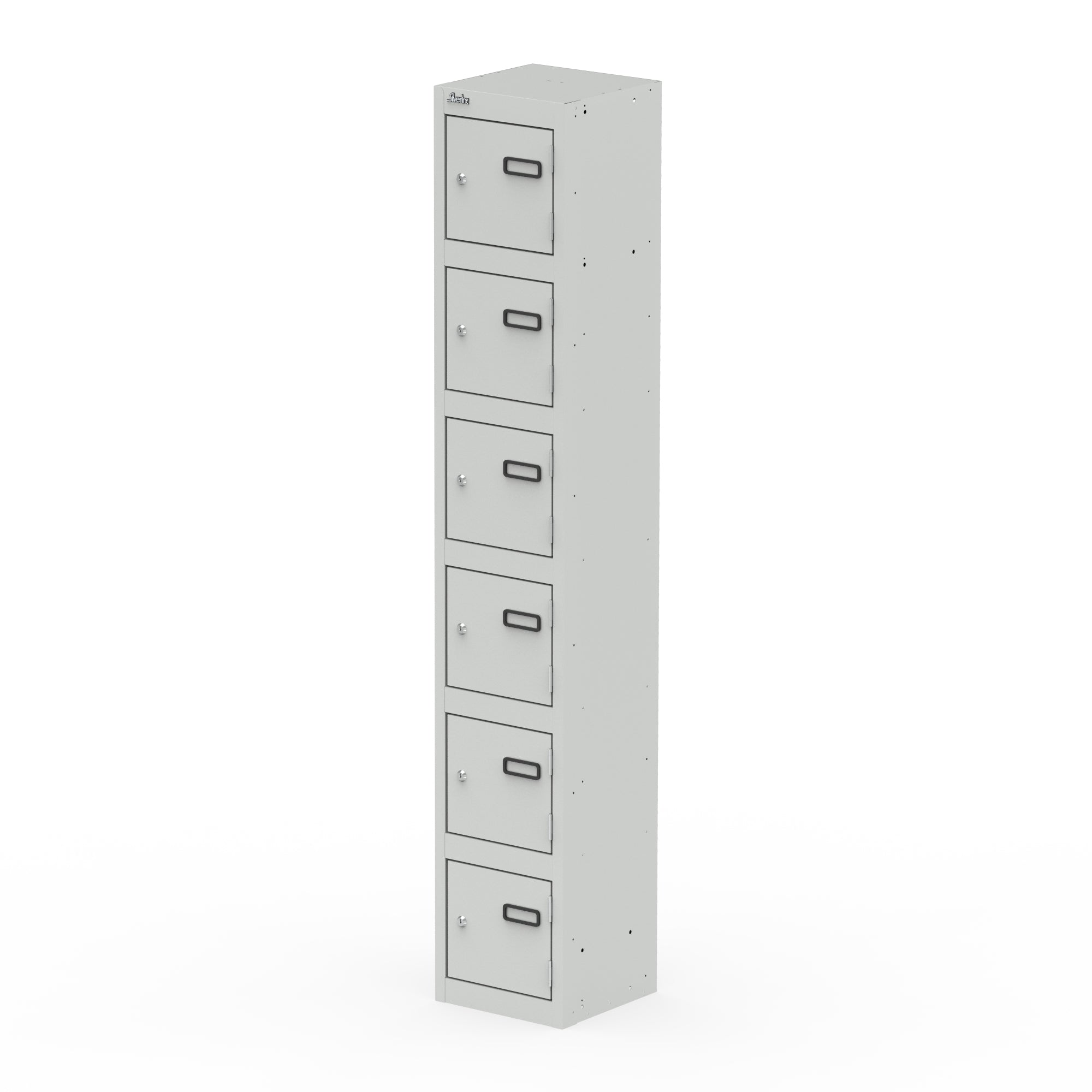Grey metal locker with six doors on a white background