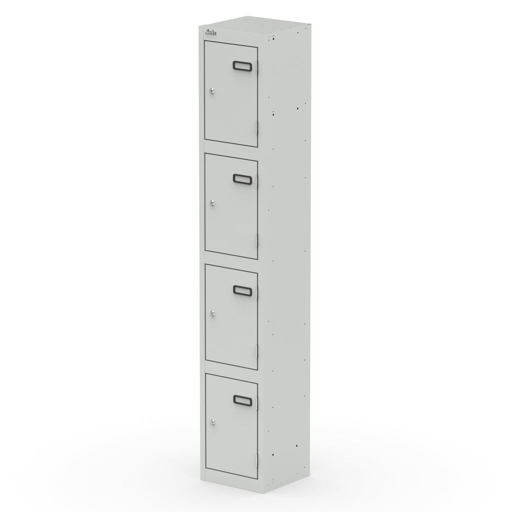 Grey metal locker with four doors on a white background