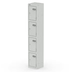 Grey metal locker with four doors on a white background