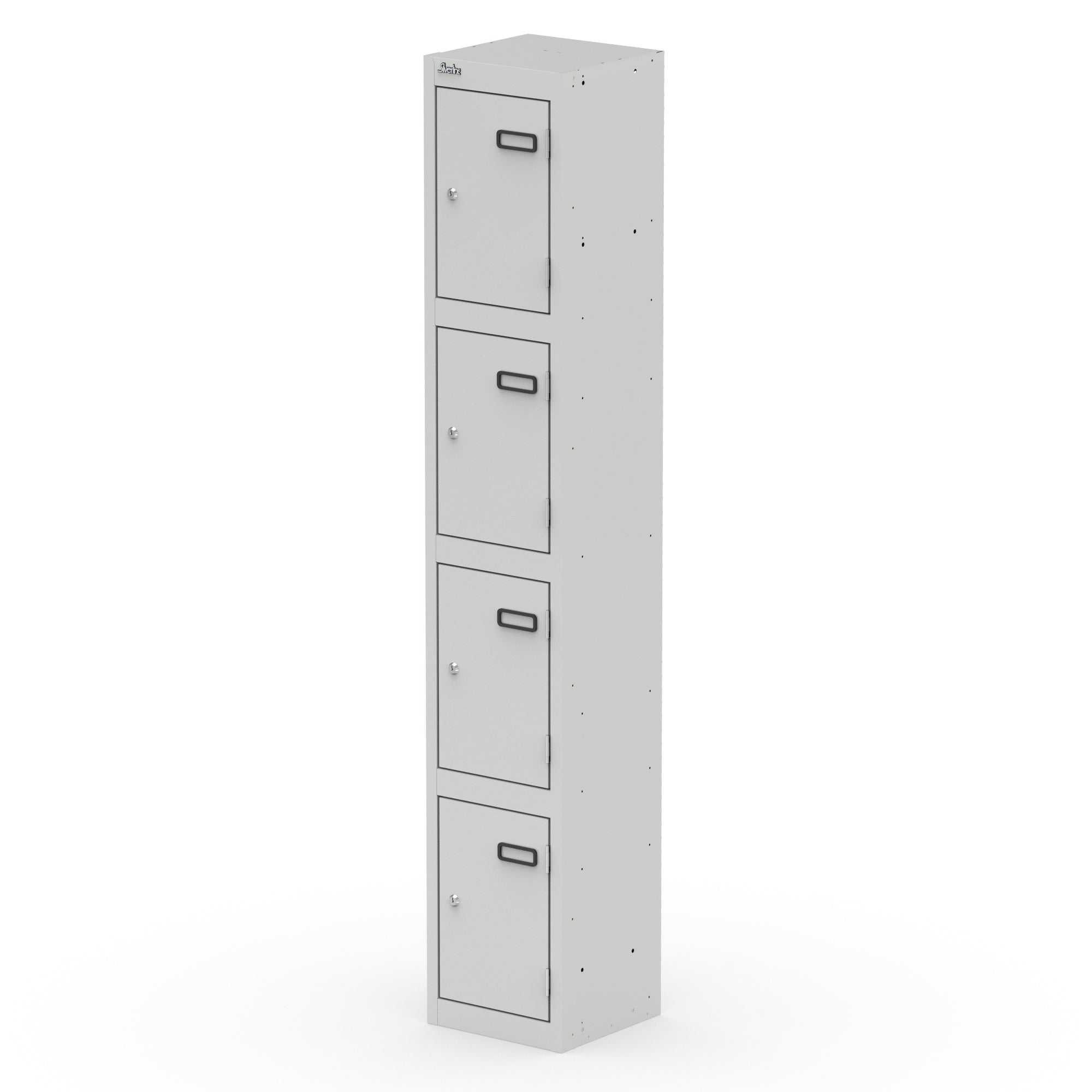 Grey metal locker with four doors on a white background