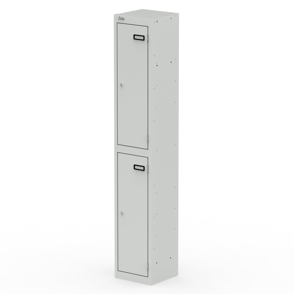 Tall grey locker with two doors on a white background