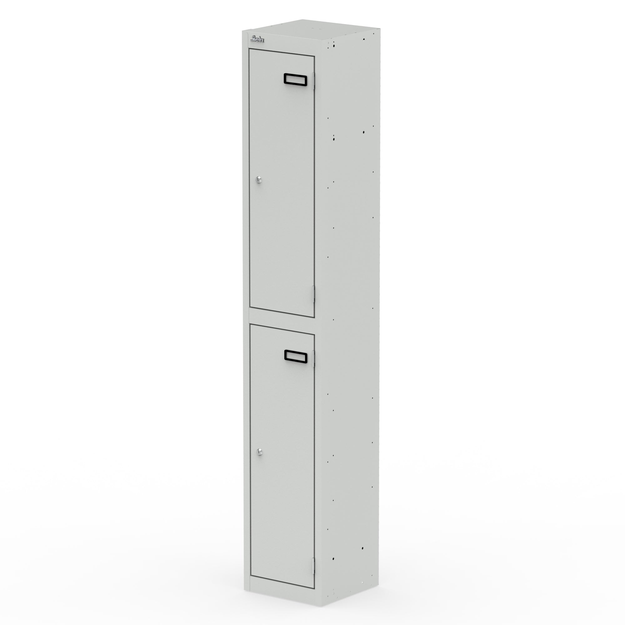 Tall grey locker with two doors on a white background