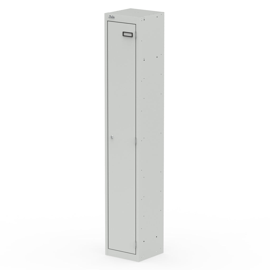 Tall grey one-door locker on a white background