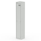 Tall grey one-door locker on a white background