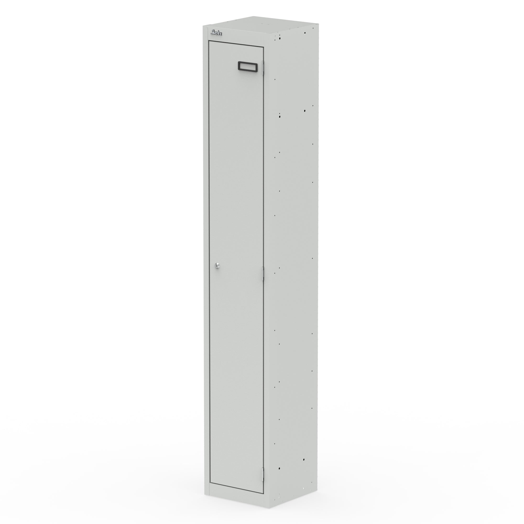 Tall grey one-door locker on a white background