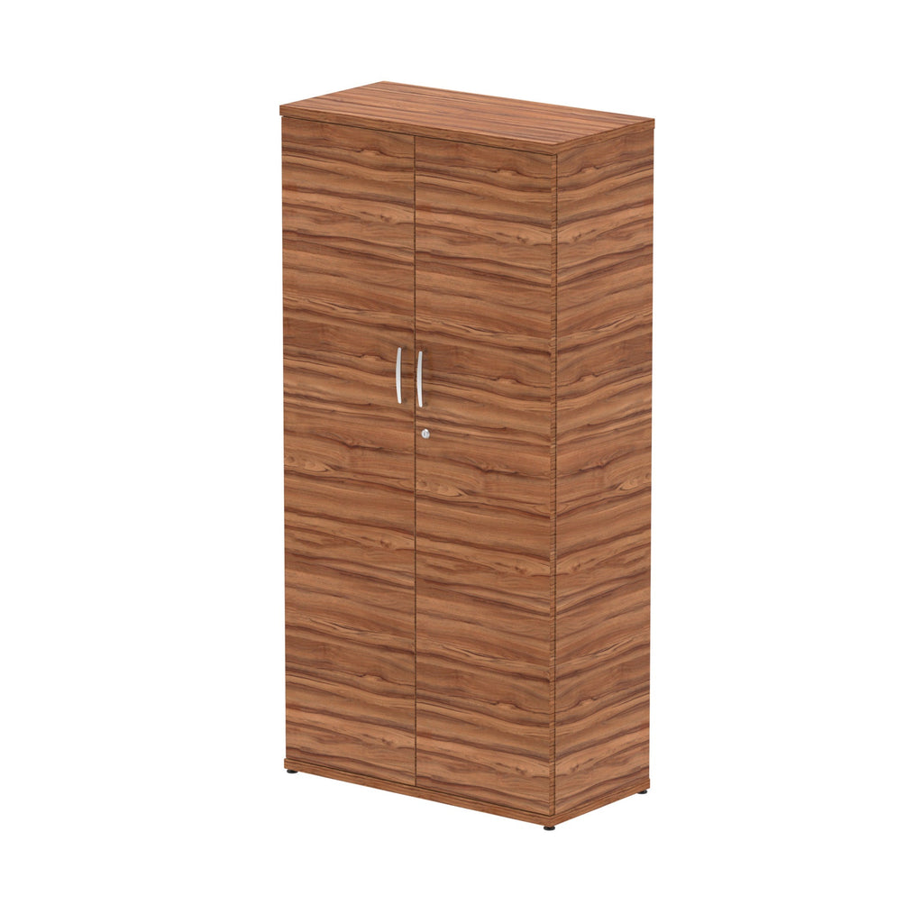 Wood-effect cabinet with two doors on a white background