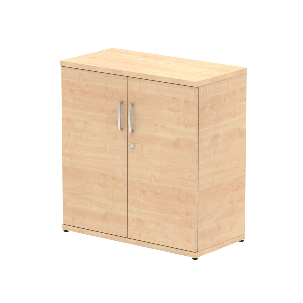 Wood-effect cabinet with two doors on a white background