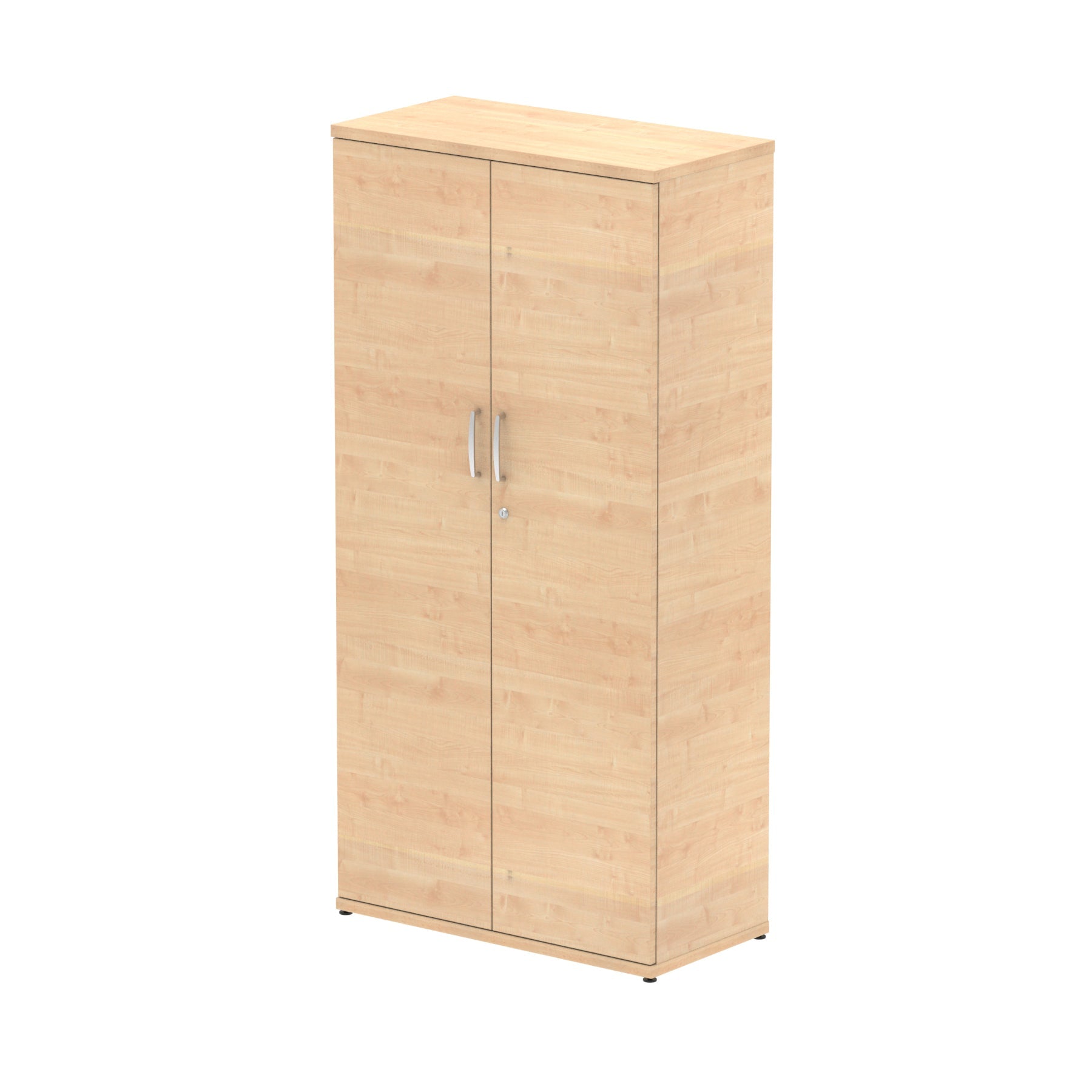 Wood-effect cabinet with two doors on a white background