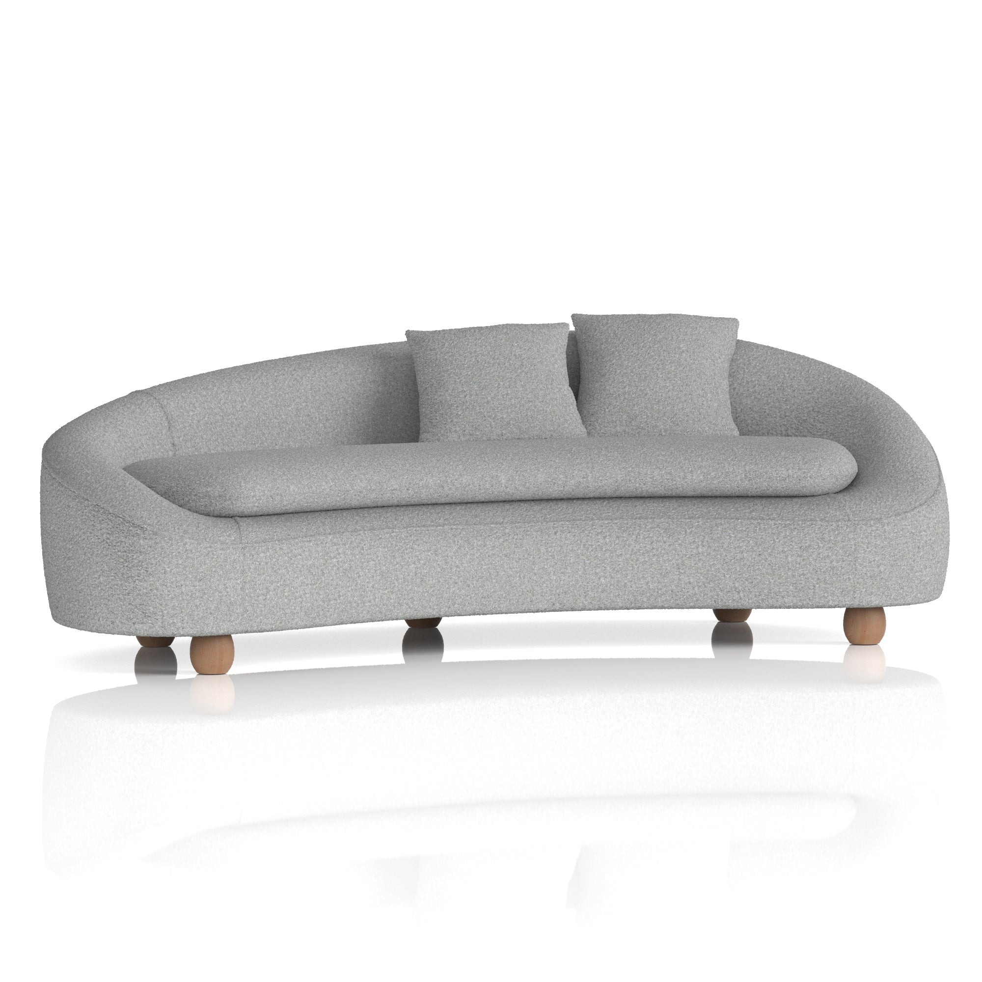 Grey sofa with wooden legs on a white background
