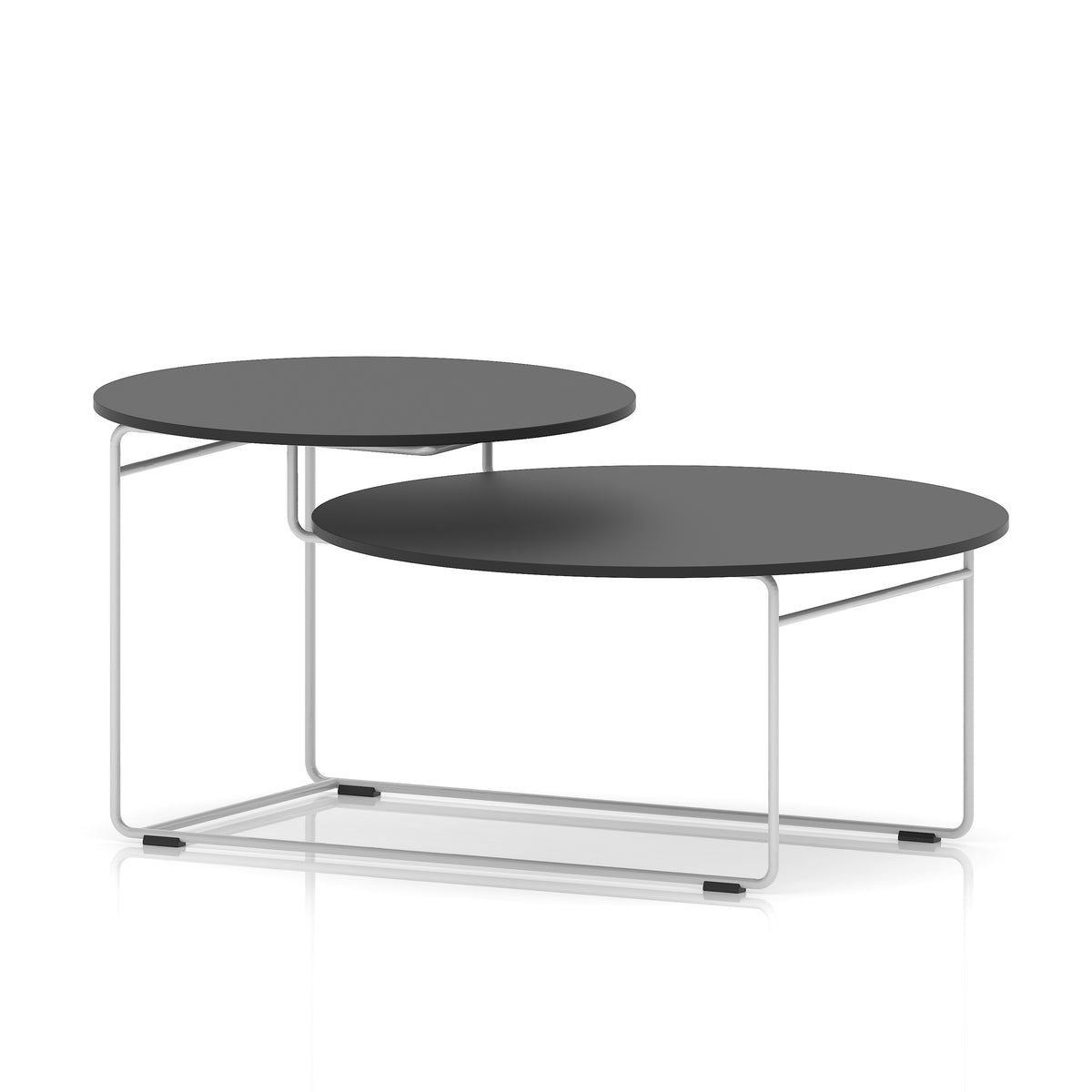 Two tier coffee table with black tops and white frame on a white background
