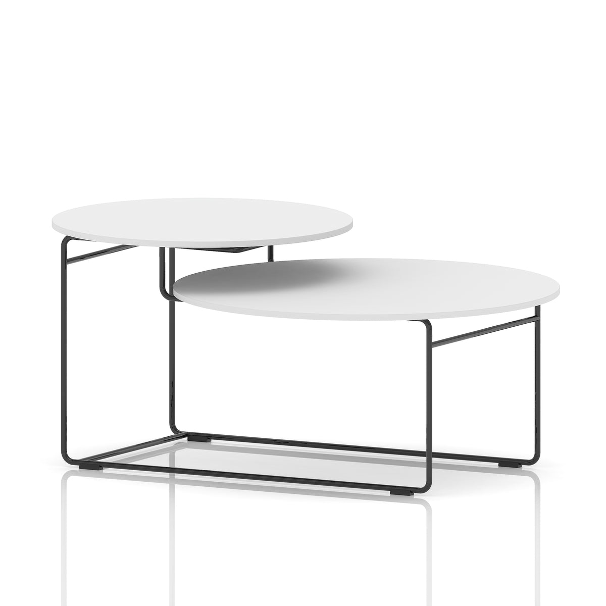 Two tier coffee table with white tops and black frame on a white background