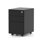 Black three-drawer filing cabinet on wheels with a lock on a white background