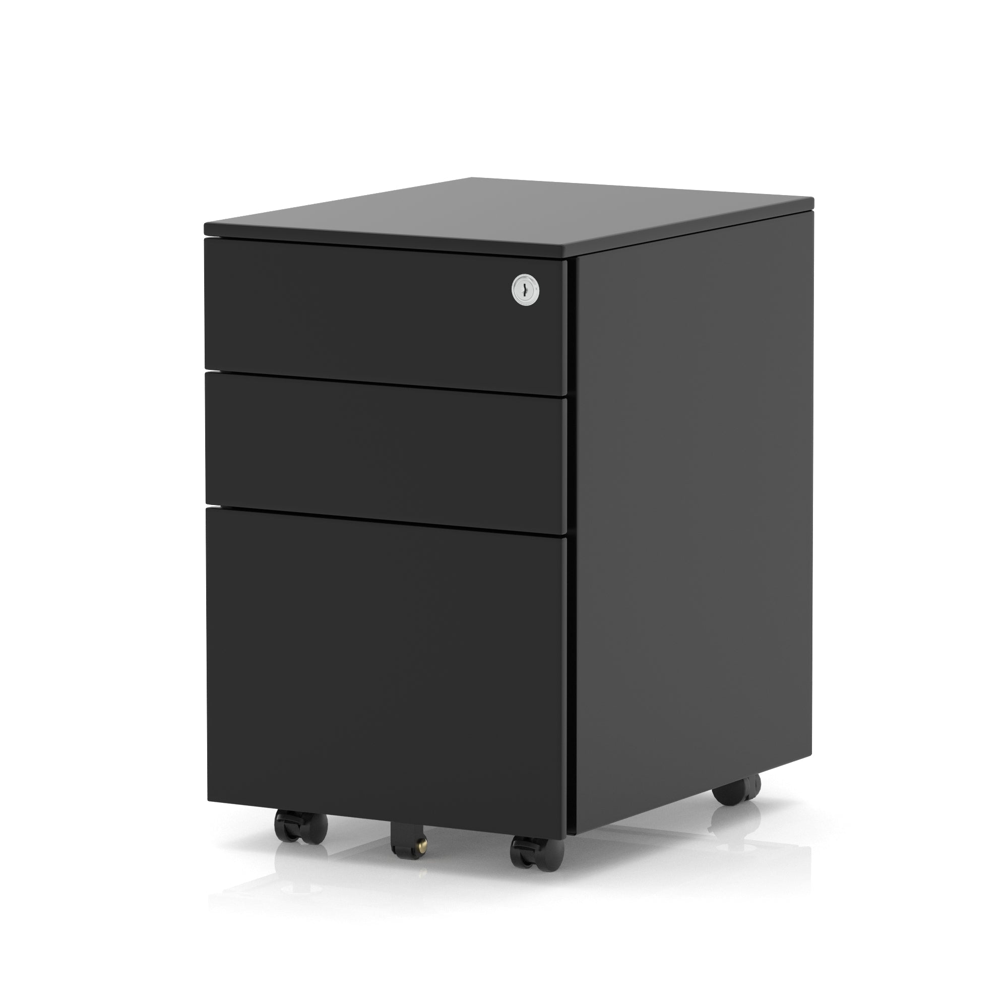 Black three-drawer filing cabinet on wheels with a lock on a white background