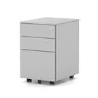 Grey three-drawer filing cabinet on wheels with a lock on a white background