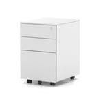 White three-drawer filing cabinet on wheels with a lock on a white background