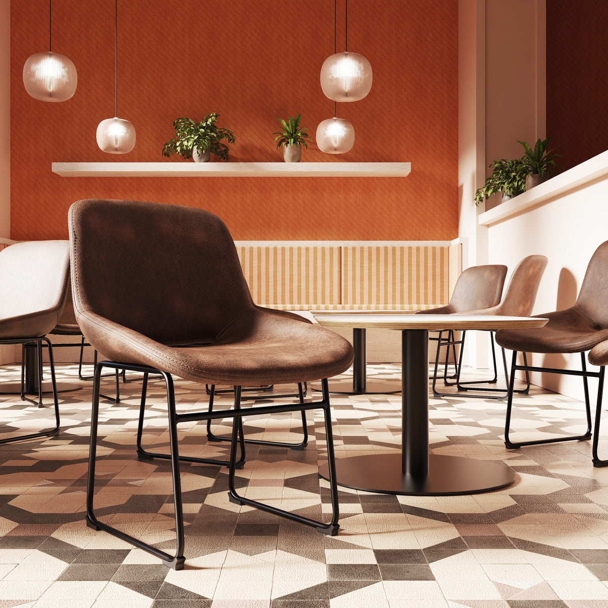 A modern dining room setting featuring brown upholstered chairs with black metal frames around round white tables, set on a geometric patterned tile floor against an orange textured wall with hanging pendant lights.