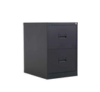 Black metal file cabinet with two drawers on a white background