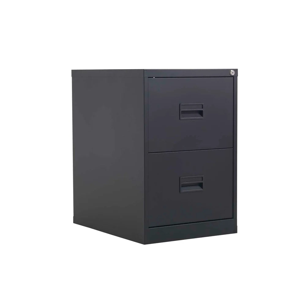 Black metal file cabinet with two drawers on a white background