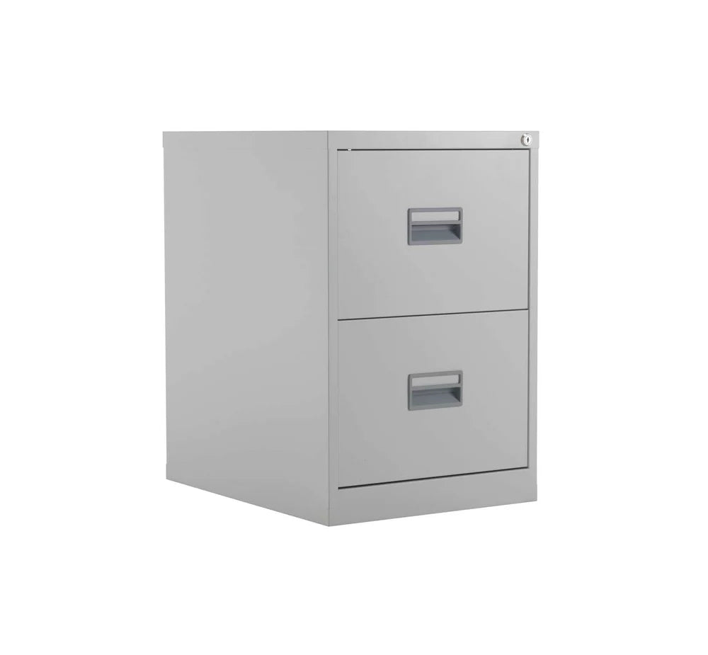 Grey metal file cabinet with two drawers on a white background