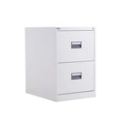 White metal file cabinet with two drawers on a white background