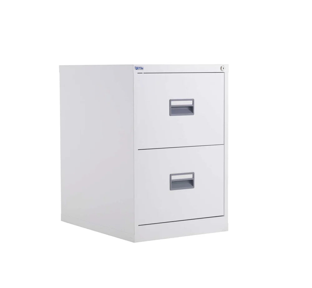 White metal file cabinet with two drawers on a white background