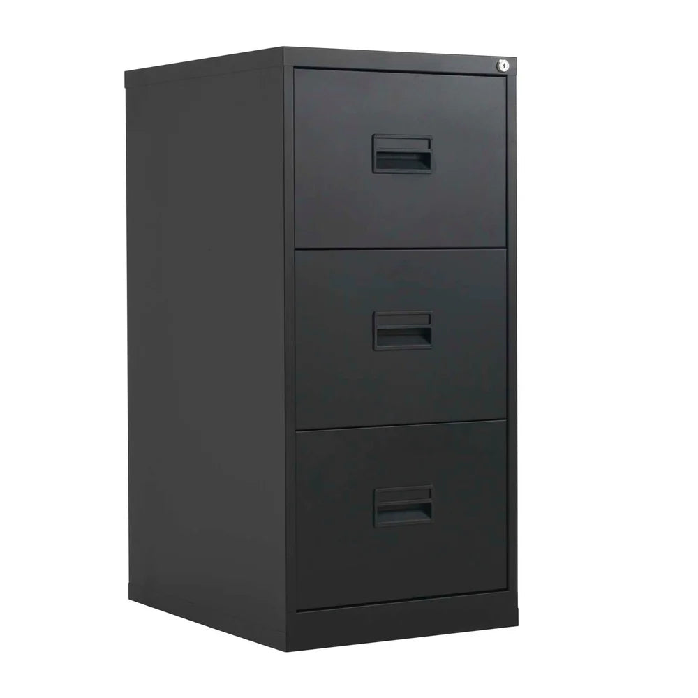 Black metal file cabinet with three drawers on a white background