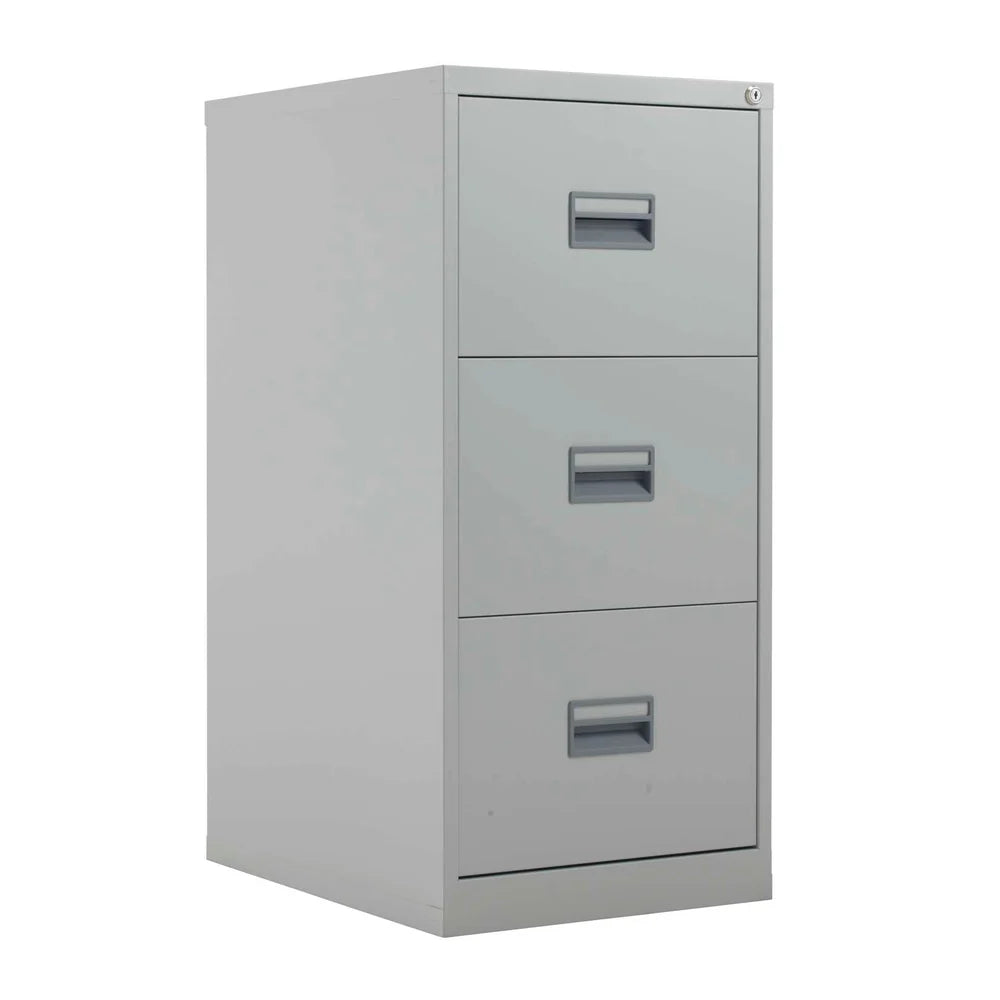 Grey metal file cabinet with three drawers on a white background