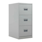 Grey metal file cabinet with three drawers on a white background
