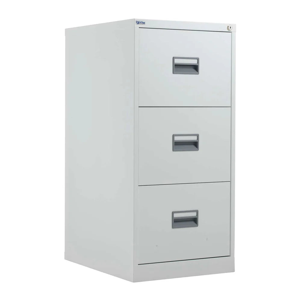 White metal file cabinet with three drawers on a white background