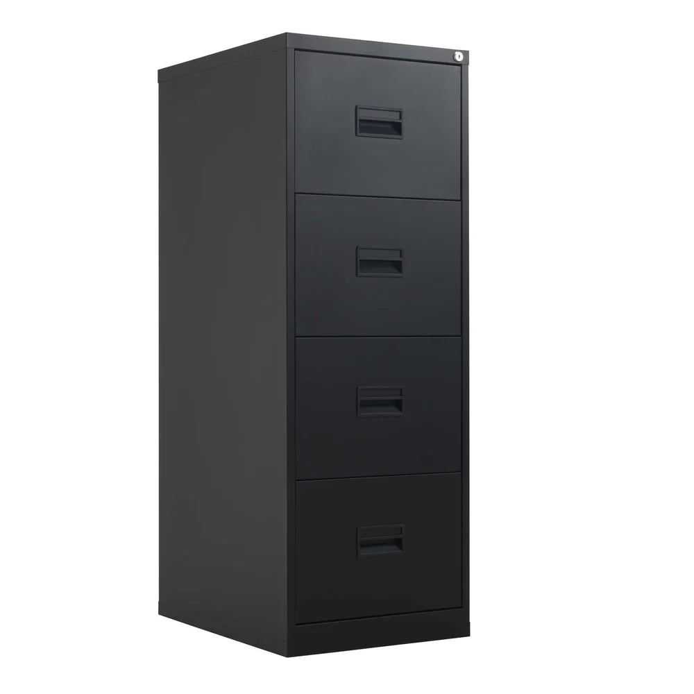 Black metal file cabinet with four drawers on a white background