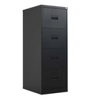 Black metal file cabinet with four drawers on a white background