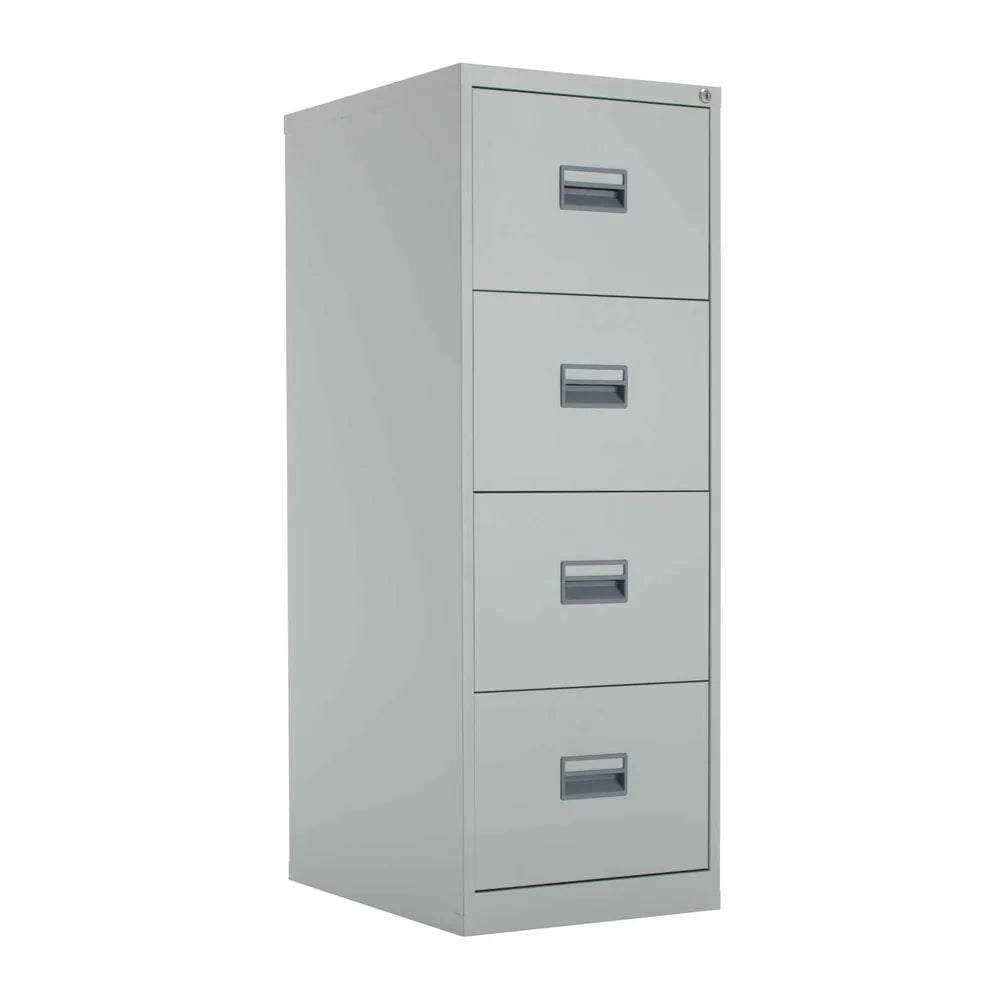 Grey metal file cabinet with four drawers on a white background