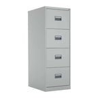 Grey metal file cabinet with four drawers on a white background