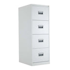White metal file cabinet with four drawers on a white background