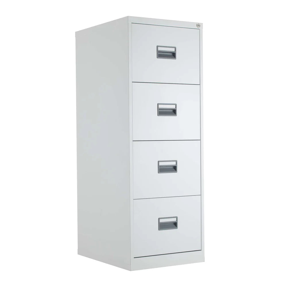 White metal file cabinet with four drawers on a white background