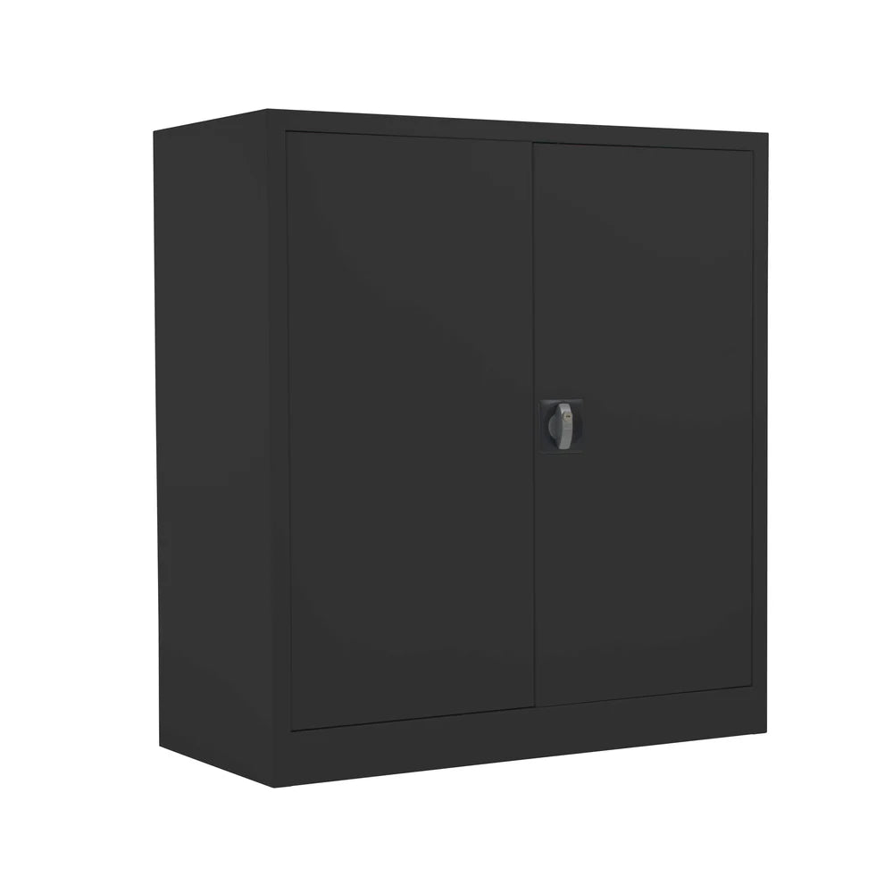 Black metal storage cabinet with two doors on a white background