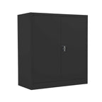 Black metal storage cabinet with two doors on a white background