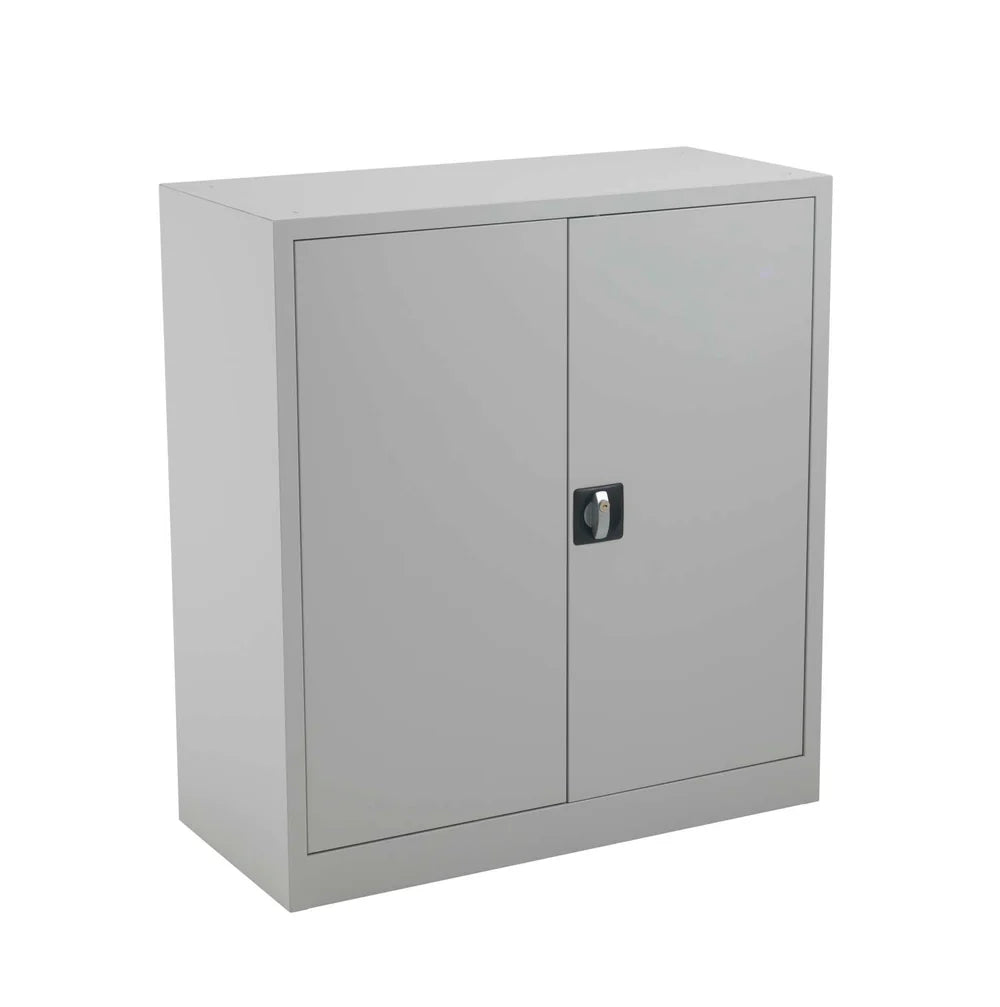 Grey metal storage cabinet with two doors on a white background