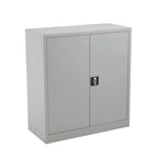 Grey metal storage cabinet with two doors on a white background
