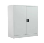 White metal storage cabinet with two doors on a white background