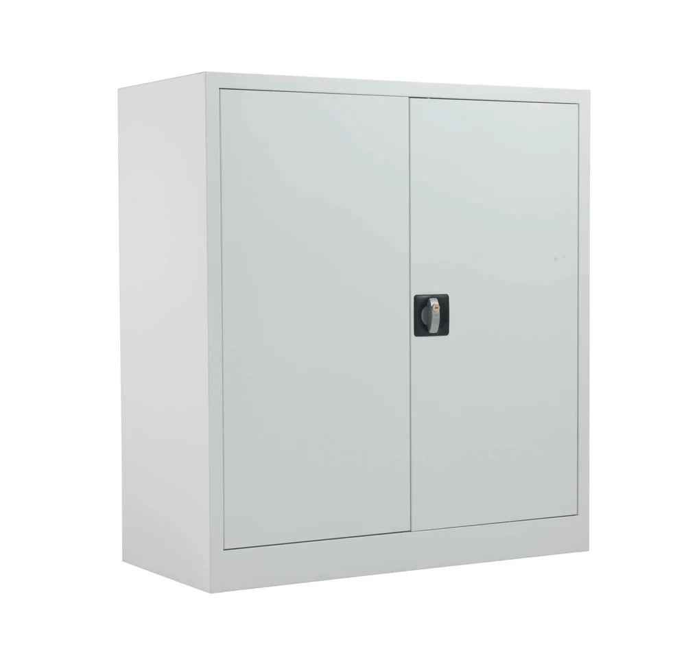 White metal storage cabinet with two doors on a white background