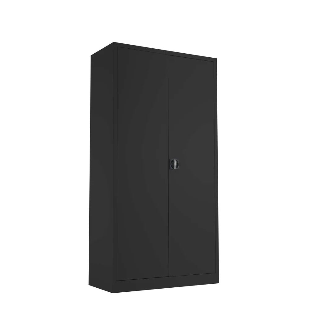 Black metal storage cabinet with two doors on a white background