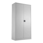 Grey metal storage cabinet with two doors on a white background