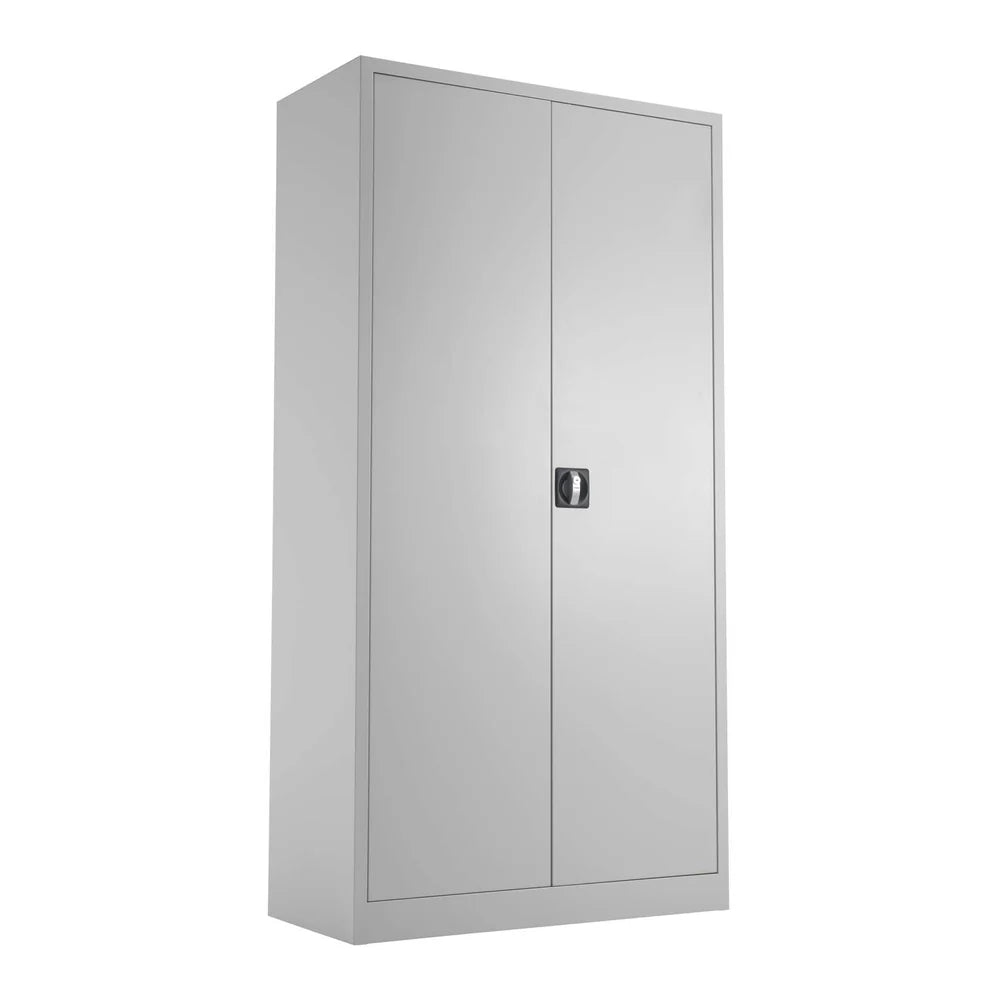 Grey metal storage cabinet with two doors on a white background